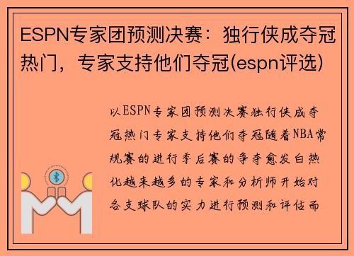 ESPN专家团预测决赛：独行侠成夺冠热门，专家支持他们夺冠(espn评选)