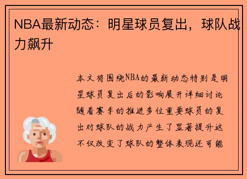 NBA最新动态：明星球员复出，球队战力飙升