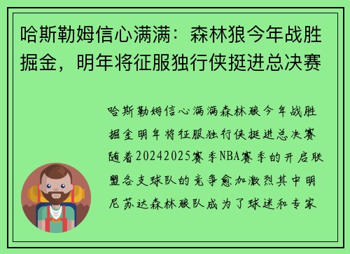 哈斯勒姆信心满满：森林狼今年战胜掘金，明年将征服独行侠挺进总决赛